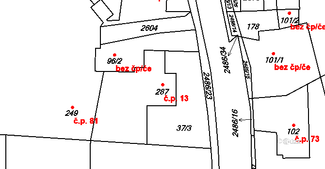 Leskovec 13 na parcele st. 287 v KÚ Leskovec, Katastrální mapa