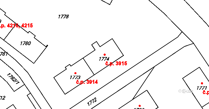 Chomutov 3915 na parcele st. 1774 v KÚ Chomutov I, Katastrální mapa