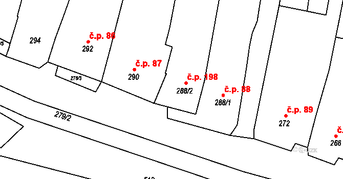 Kovalovice 198 na parcele st. 288/2 v KÚ Kovalovice, Katastrální mapa