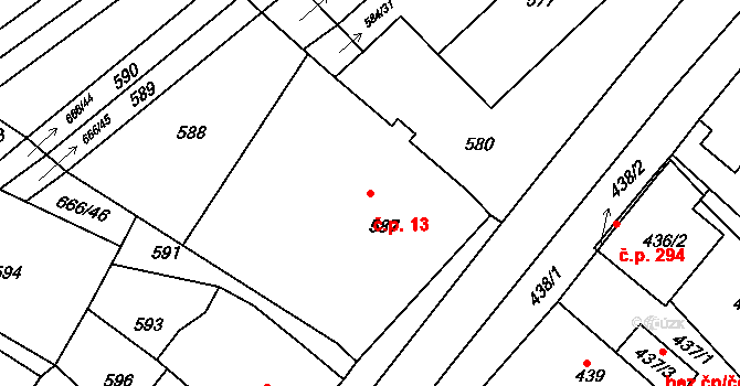 Prštice 13 na parcele st. 587 v KÚ Prštice, Katastrální mapa