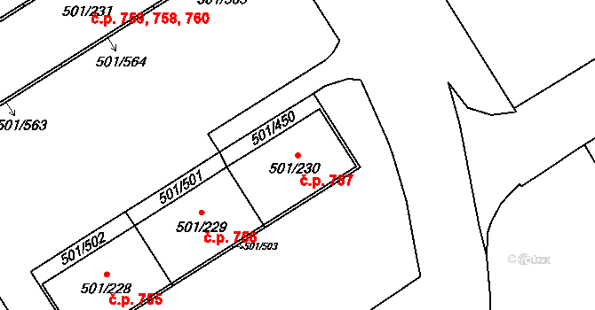 Ráj 757, Karviná na parcele st. 501/230 v KÚ Ráj, Katastrální mapa