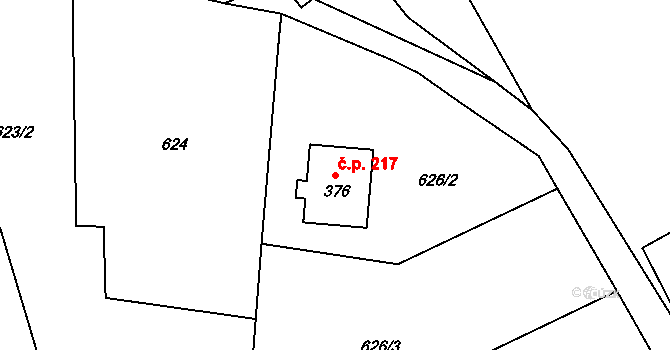 Rychaltice 217, Hukvaldy na parcele st. 376 v KÚ Rychaltice, Katastrální mapa