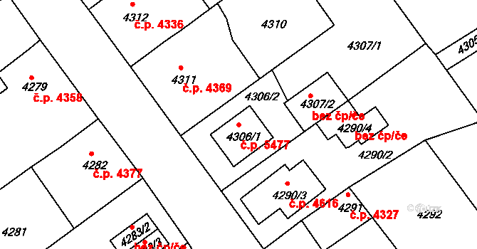 Chomutov 5477 na parcele st. 4306/1 v KÚ Chomutov II, Katastrální mapa