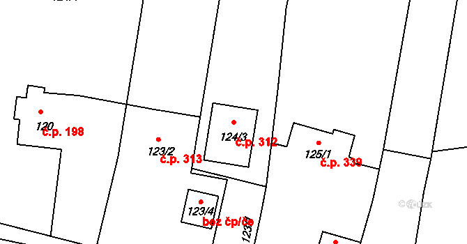 Míkovice 312, Uherské Hradiště na parcele st. 124/3 v KÚ Míkovice nad Olšavou, Katastrální mapa