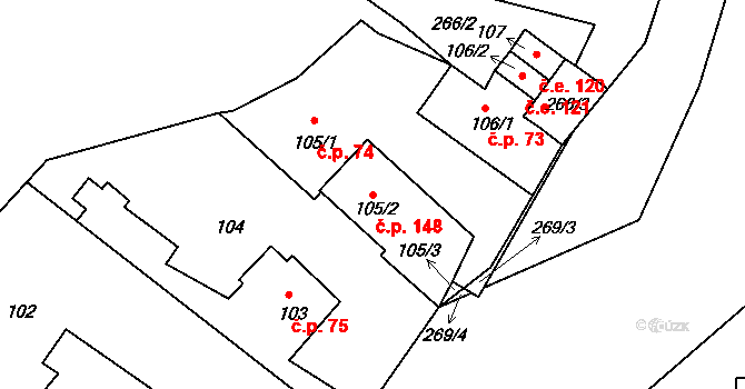 Pávov 148, Jihlava na parcele st. 105/2 v KÚ Pávov, Katastrální mapa