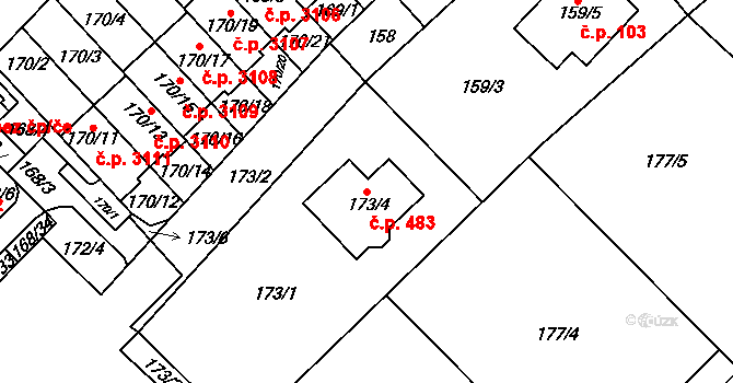 Milovice 483 na parcele st. 173/4 v KÚ Milovice nad Labem, Katastrální mapa
