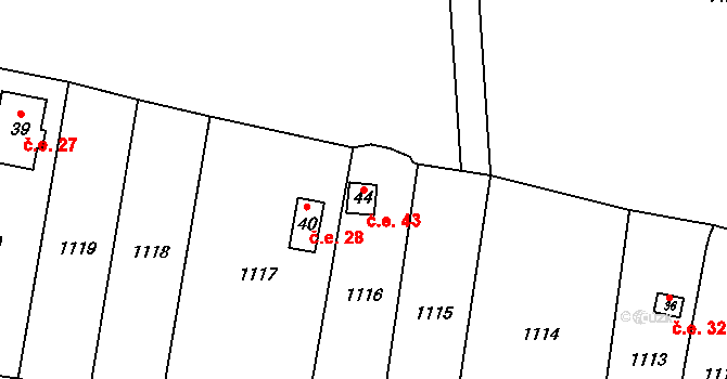 Kamenná Horka 43 na parcele st. 44 v KÚ Česká Kamenná Horka, Katastrální mapa