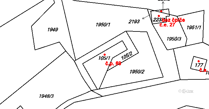 Nevězice 69 na parcele st. 105/1 v KÚ Nevězice, Katastrální mapa