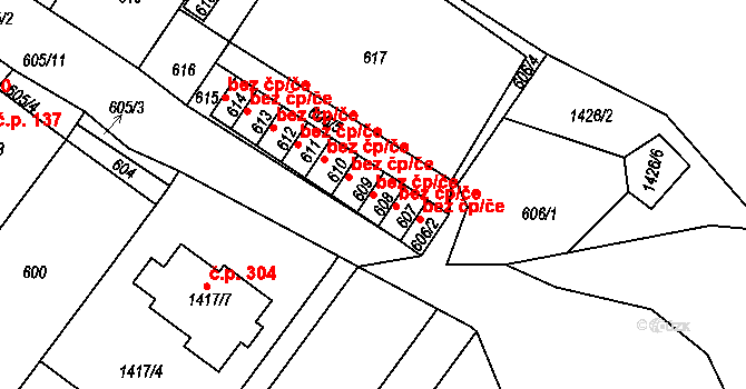 Bystřany 42138477 na parcele st. 608 v KÚ Bystřany, Katastrální mapa