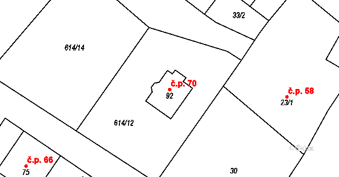 Chrbonín 70 na parcele st. 92 v KÚ Chrbonín, Katastrální mapa