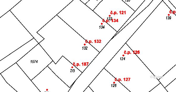 Tuhaň 132 na parcele st. 132 v KÚ Tuhaň, Katastrální mapa