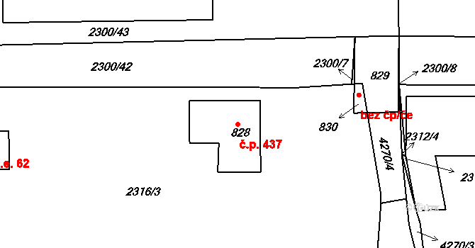 Kožlany 437 na parcele st. 828 v KÚ Kožlany, Katastrální mapa