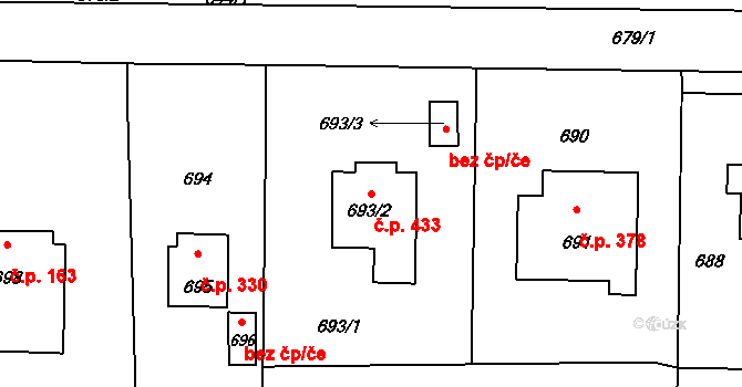 Průhonice 433 na parcele st. 693/2 v KÚ Průhonice, Katastrální mapa