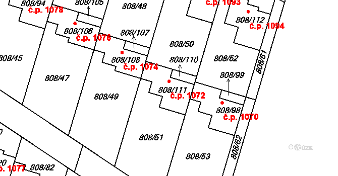 Srubec 1072 na parcele st. 808/111 v KÚ Srubec, Katastrální mapa