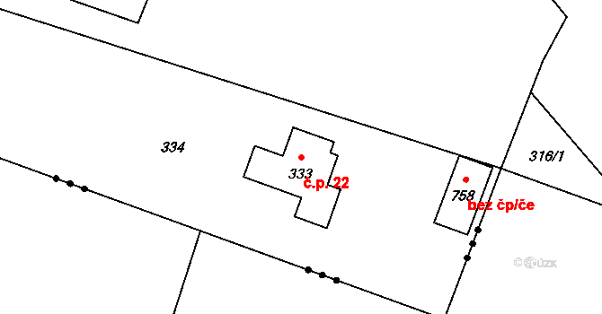Smědčice 22 na parcele st. 333 v KÚ Smědčice, Katastrální mapa