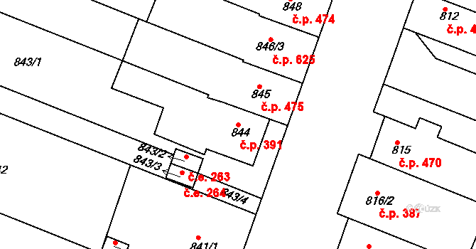 Modřice 391 na parcele st. 844 v KÚ Modřice, Katastrální mapa