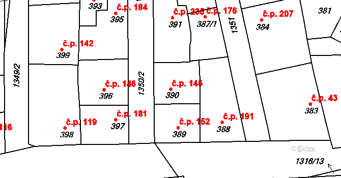 Tuchlovice 145 na parcele st. 390 v KÚ Tuchlovice, Katastrální mapa