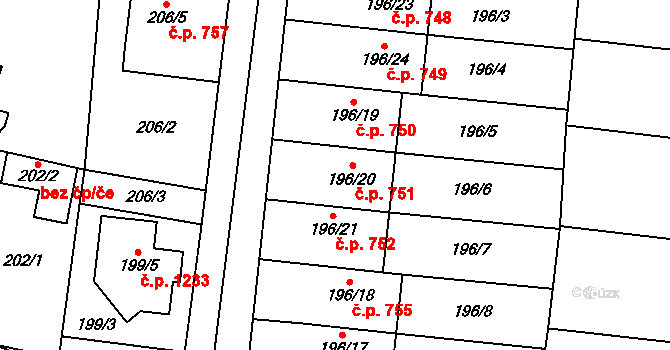 Kosmonosy 751 na parcele st. 196/20 v KÚ Kosmonosy, Katastrální mapa