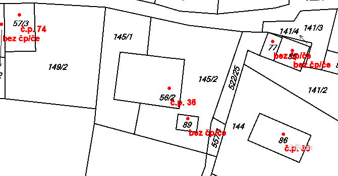 Rudná 36 na parcele st. 56/2 v KÚ Horní Rudná, Katastrální mapa