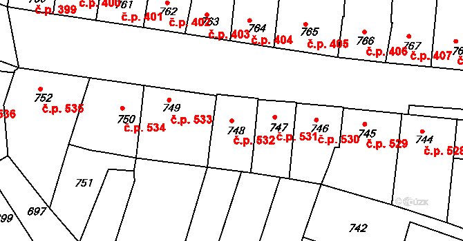 Roudnice nad Labem 532 na parcele st. 748 v KÚ Roudnice nad Labem, Katastrální mapa