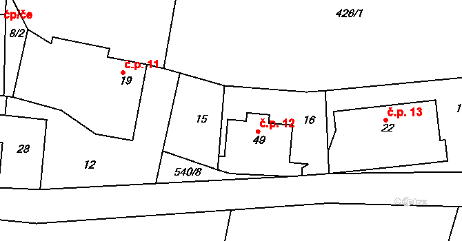 Čikvásky 12, Košťálov na parcele st. 49 v KÚ Čikvásky, Katastrální mapa