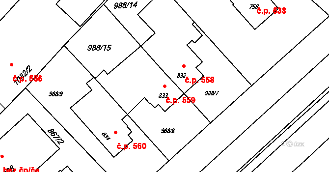 Rožnov pod Radhoštěm 559 na parcele st. 833 v KÚ Rožnov pod Radhoštěm, Katastrální mapa