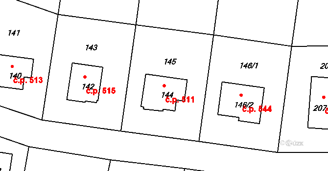 Běchovice 511, Praha na parcele st. 144 v KÚ Běchovice, Katastrální mapa