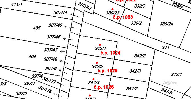 Mutěnice 1024 na parcele st. 342/4 v KÚ Mutěnice, Katastrální mapa