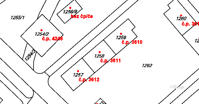 Chomutov 3611 na parcele st. 1258 v KÚ Chomutov I, Katastrální mapa