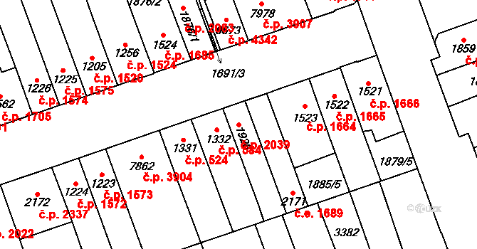 Hodonín 2039 na parcele st. 1926 v KÚ Hodonín, Katastrální mapa