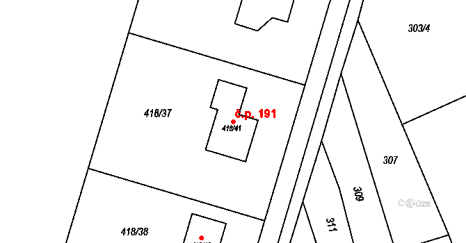 Liboš 191 na parcele st. 418/41 v KÚ Liboš, Katastrální mapa