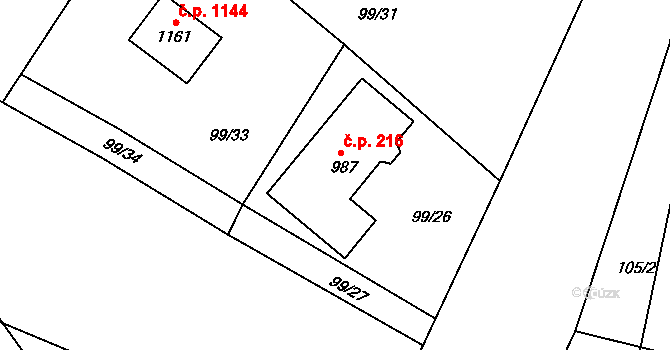 Ládví 216, Kamenice na parcele st. 987 v KÚ Ládví, Katastrální mapa