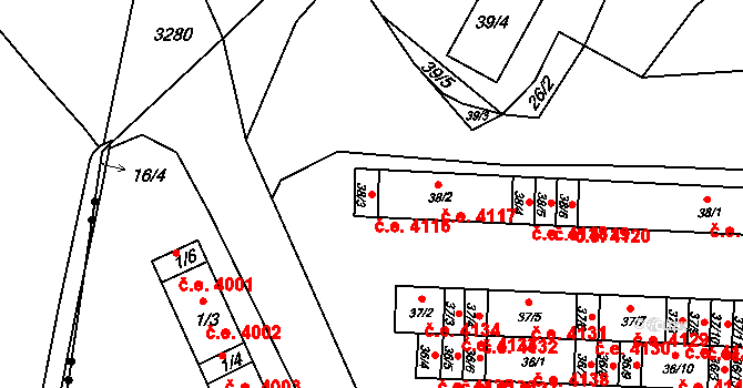 Kadaň 4116 na parcele st. 38/3 v KÚ Bystřice u Kadaně, Katastrální mapa