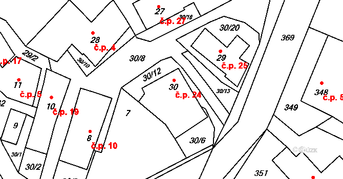 Čtyři Dvory 24, Prosetín na parcele st. 30 v KÚ Čtyři Dvory, Katastrální mapa
