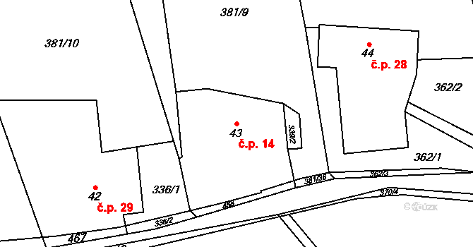 Roženecké Paseky 14, Věcov na parcele st. 43 v KÚ Roženecké Paseky, Katastrální mapa