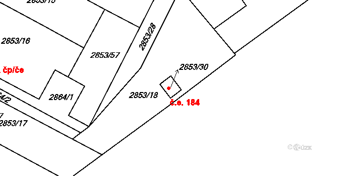 Lužice 184 na parcele st. 2853/30 v KÚ Lužice u Hodonína, Katastrální mapa
