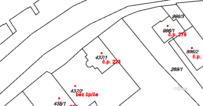 Valašské Klobouky 223 na parcele st. 437/1 v KÚ Valašské Klobouky, Katastrální mapa