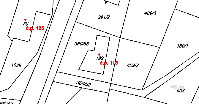 Prosetín 115 na parcele st. 132 v KÚ Prosetín u Hlinska, Katastrální mapa