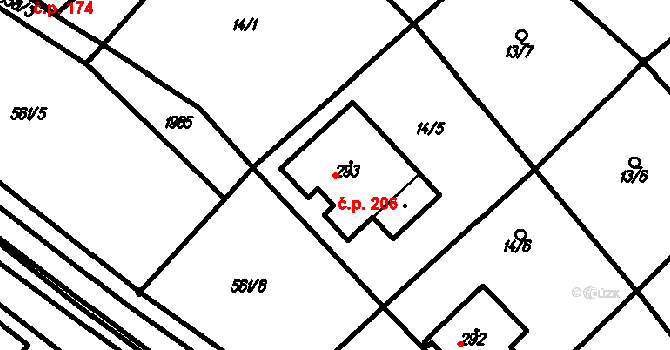 Kloboučky 206, Bučovice na parcele st. 293 v KÚ Kloboučky, Katastrální mapa