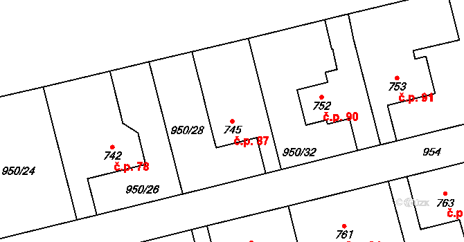 Jezbiny 87, Jaroměř na parcele st. 745 v KÚ Jezbiny, Katastrální mapa