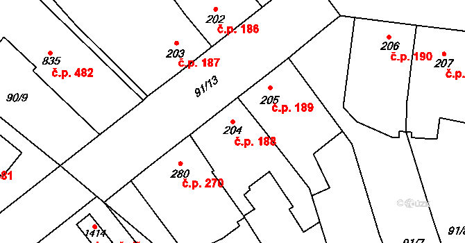 Rosice 188, Pardubice na parcele st. 204 v KÚ Rosice nad Labem, Katastrální mapa