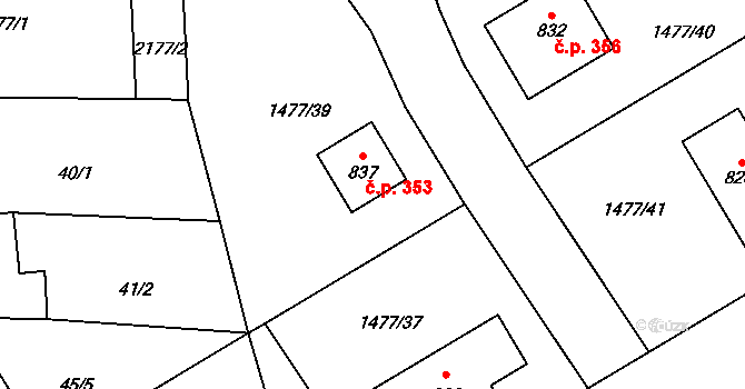 Kout na Šumavě 353 na parcele st. 837 v KÚ Kout na Šumavě, Katastrální mapa