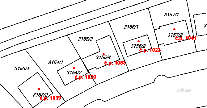 Lužice 1053 na parcele st. 3155/4 v KÚ Lužice u Hodonína, Katastrální mapa