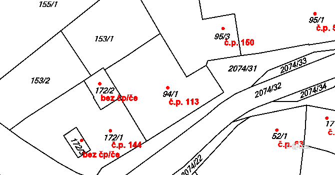 Merklín 113 na parcele st. 94/1 v KÚ Merklín u Přeštic, Katastrální mapa