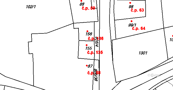 Líšťany 135 na parcele st. 155 v KÚ Líšťany u Cítolib, Katastrální mapa