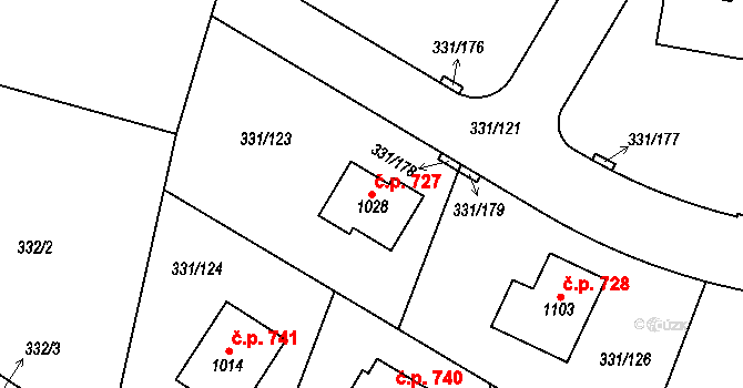 Hýskov 727 na parcele st. 1028 v KÚ Hýskov, Katastrální mapa