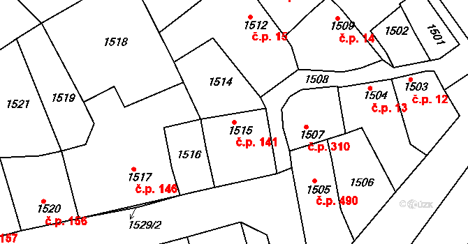 Hrušky 141 na parcele st. 1515 v KÚ Hrušky, Katastrální mapa
