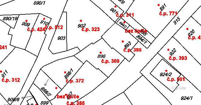 Klobouky u Brna 309 na parcele st. 896 v KÚ Klobouky u Brna, Katastrální mapa