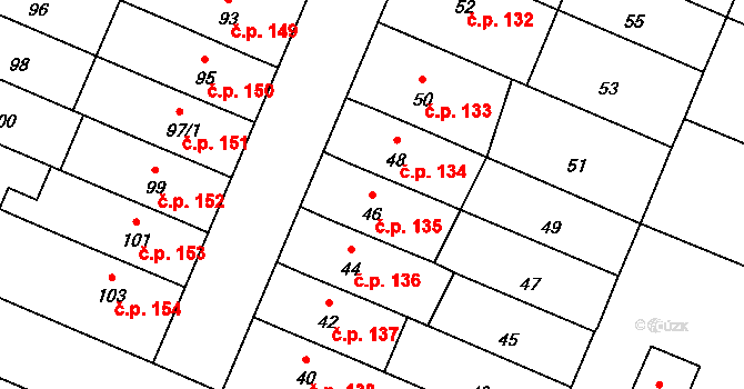 Vážany 135, Kroměříž na parcele st. 46 v KÚ Vážany u Kroměříže, Katastrální mapa