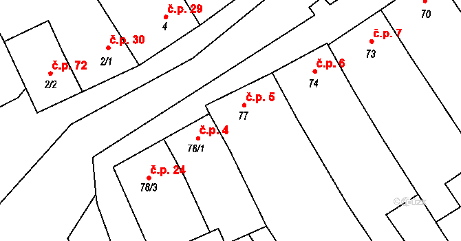 Dřevnovice 5 na parcele st. 77 v KÚ Dřevnovice, Katastrální mapa